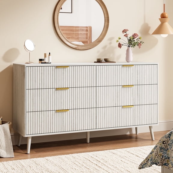 YouTrend Fluted 6 Drawers Dresser, 55.1" Wide Modern Chest of Drawers with Wood Foot, Dresser TV Stand Up to 65 Inch TV, Wood Drawer Organizer for Bedroom, Living Room, Hallway