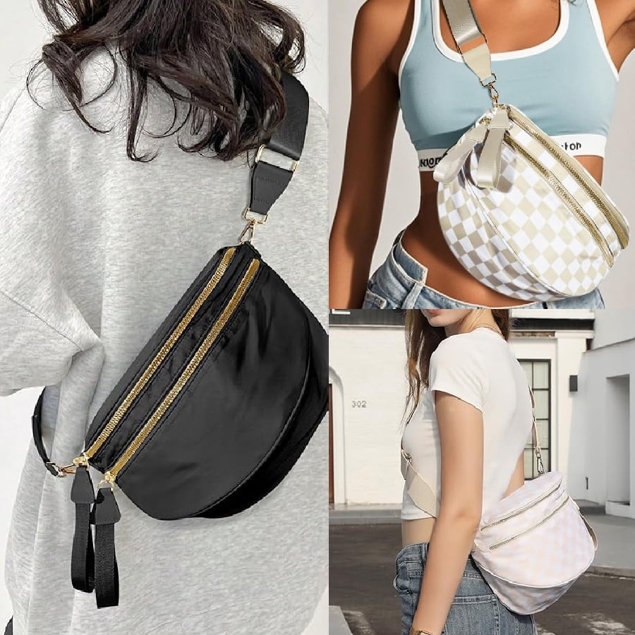 Nylon Bum Bags Plus Size Fanny Pack Sling Bag Belt Bag for Women Travel, Checkered Crossbody Bags for Women
