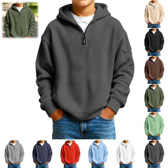 YOUYEDIAN Boys 1/4 Zip up Hoodie Casual Long Sleeve Waffle Hooded Sweatshirt