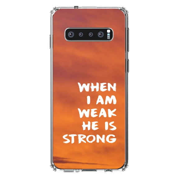 DistinctInk Clear Shockproof Hybrid Case for Samsung Galaxy S10 (6.1" Screen) - TPU Bumper, Acrylic Back, Tempered Glass Screen Protector - When I Am Weak, He Is Strong - Christ