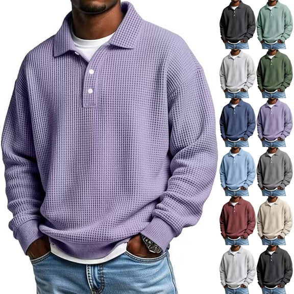 Waffle Long Sleeve Polo Shirts for Men Big and Tall Golf Shirt Casual Collared Heavyweight T Shirts Textured Knit Tops Purple S