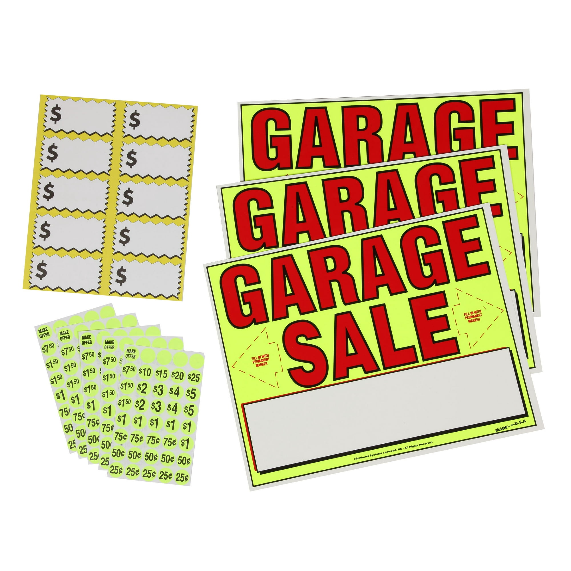 Garage Sale Kit with 3) 11" x 14" Signs, Pre-Priced Sticker and Large Pricing Labels, Sunburst Systems 4140