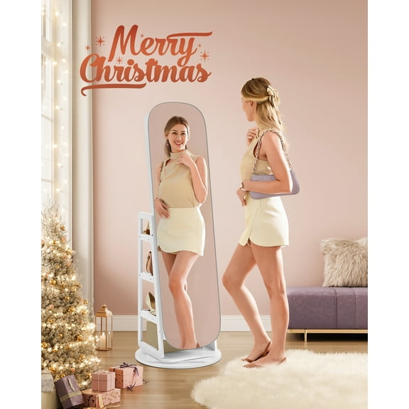 Roating Jewelry Cabinet, LED Standing Jewelry Organizer, Lockable Mirror Jewelry Cabinet, White