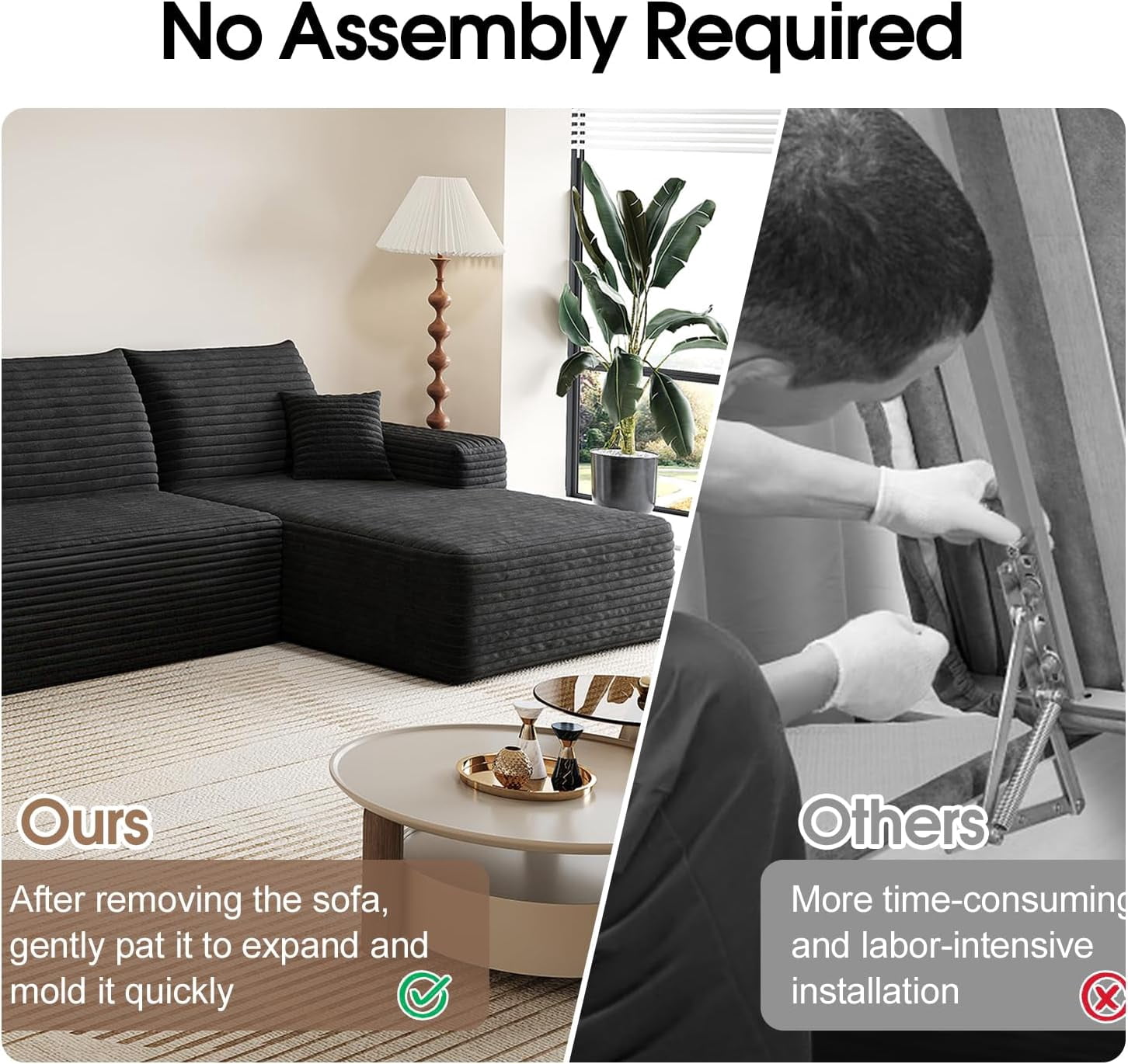 Sailvan 107" Cloud Sectional Couch, Cloudy Sofa with L-Shape Chaise, Upholstered Couches for Living Room & Bedroom, No Assembly Required, Plush Corduroy Fabric, Black