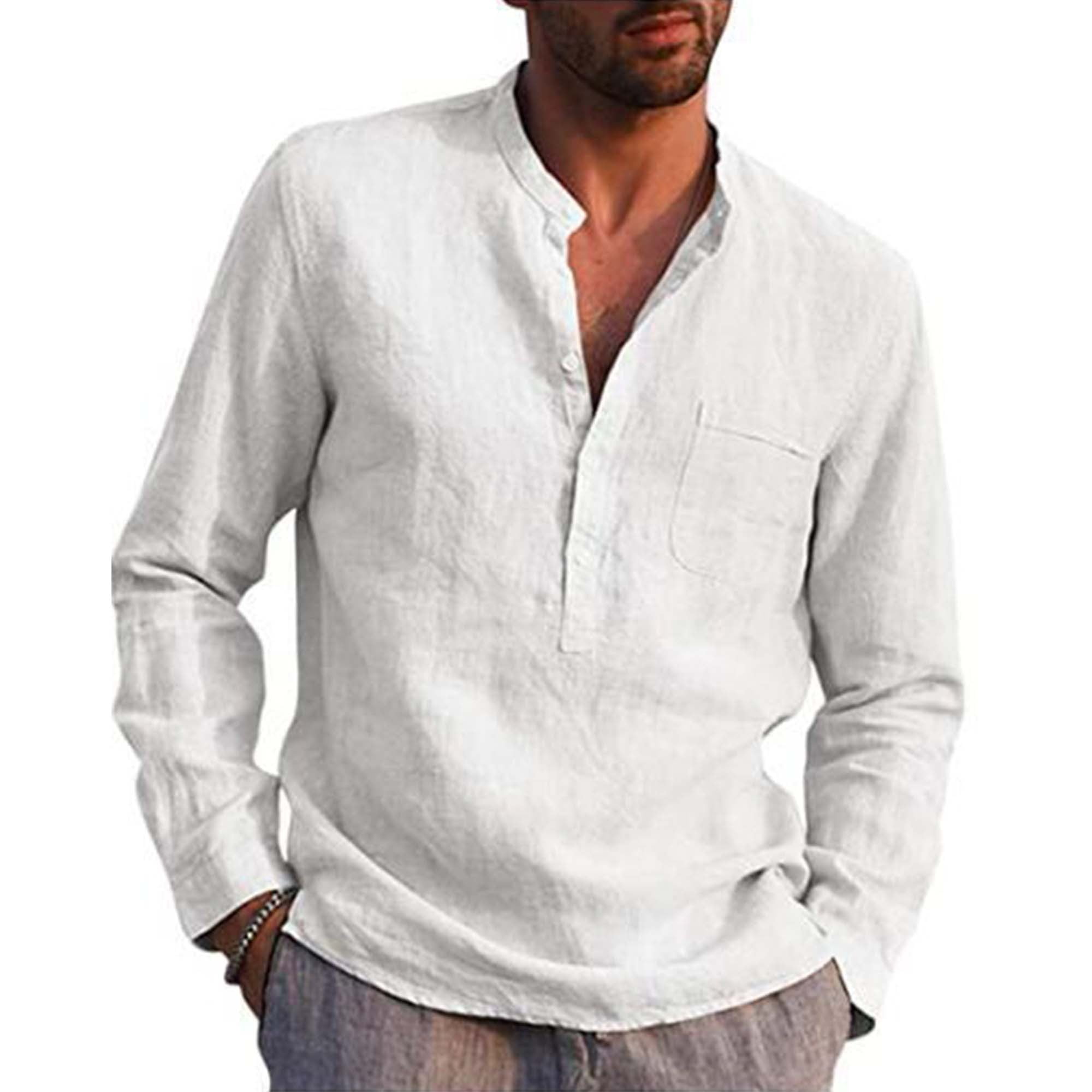 Men Henley T Shirts Casual Long Sleeve Button Linen V Neck Winter Loose ...