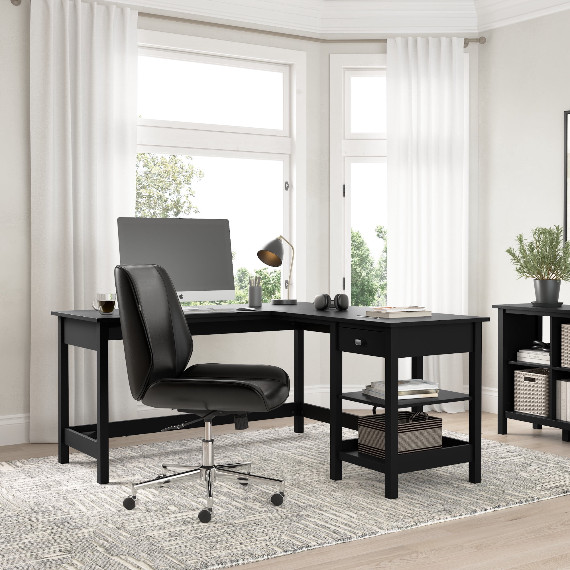 Bush Furniture Broadview 60W L Shaped Computer Desk with Storage in Classic Black