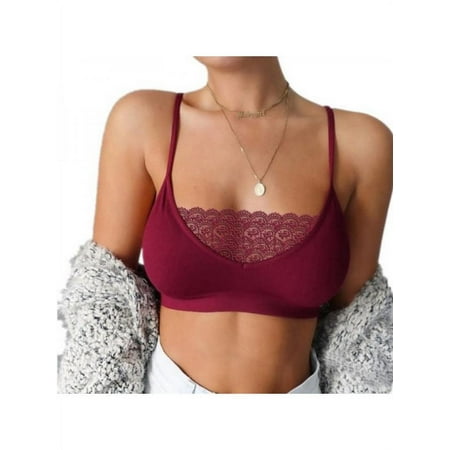 

Women Sexy Lace Side Thin Straps Tube Top Solid Color Lace Stitching Bra