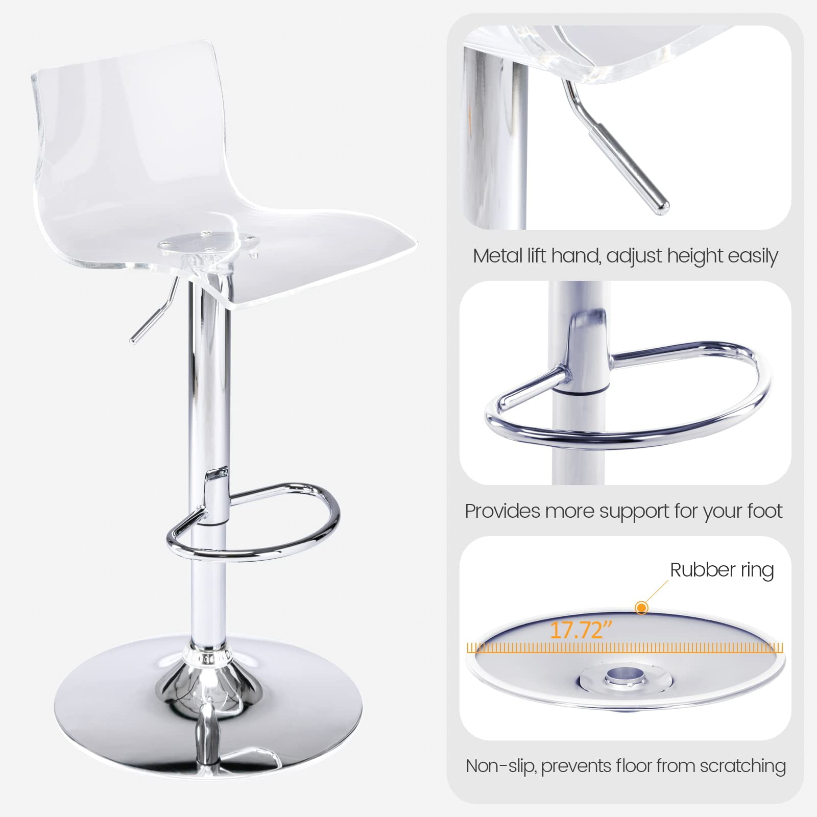 Bar Stools Set of 2, Adjustable Acrylic Swivel Airlift Barstools, Modern Counter Stools with Back and Footrest for Bar, Kitchen, Dining Room (Clear)