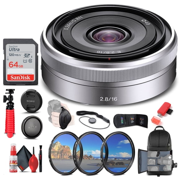 Sony E 16mm f/2.8 Lens (Silver) (SEL16F28) Filter Kit BackPack 64GB Card Card Reader Flex Tripod Memory Wallet Cap Keeper Cleaning Kit Hand Strap More(International Model)