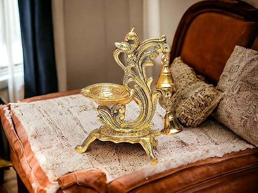 Metal Diya for Puja | Peacock Design Oil Diwali Lamp | Antique Akhand Diya for Temple, Home Decor, Pooja Room, Festivals (Gold, 14x9x20cm) (Pack of 2)