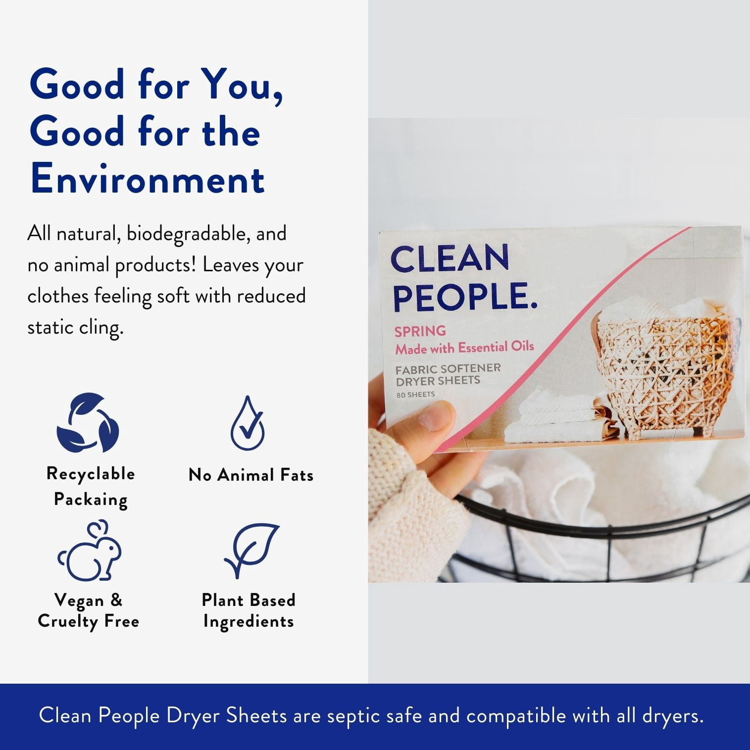 Clean People Spring Fabric Softener Dryer Sheets - Removes Static Cling - Vegan - 240 Pack
