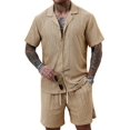thumbnail image 2 of Men'S Camp Collar Jacquard Button Up Shirt and Drawstring Shorts Two Piece Outfit Khaki L, 2 of 8