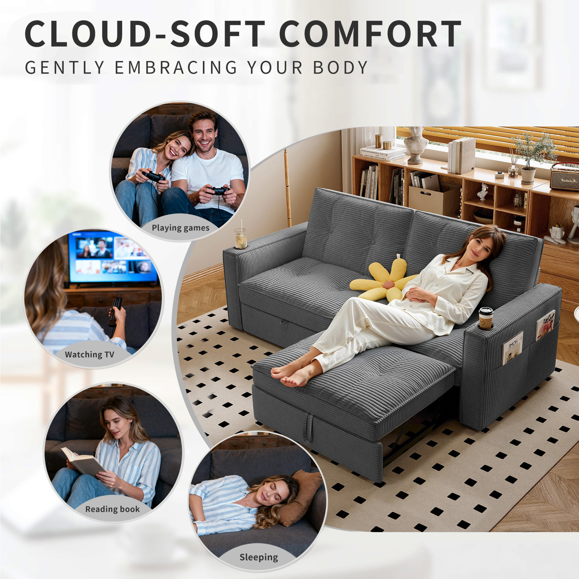 Noble House 2-in-1 Convertible Pull Out Sofa Bed with Adjustable Backrest, 73" Modern Corduroy Sleeper Couch, Gray