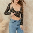 thumbnail image 6 of Women Floral Lace 2Pcs Outfit Sheer Mesh Low Cut Crop Top Short/Long Sleeve See Through T Shirts +Bra Set Going Out Tees Tops, 6 of 7