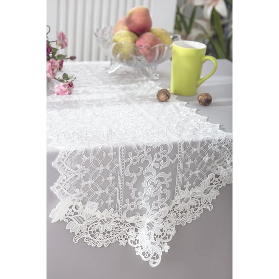 Wedding Linens Inc. 16" x 108" Vintage Chantilly Lace Embroidered Table Runner - White
