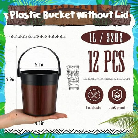 12 Pcs 32 oz Plastic Tiki Cocktail Rum Buckets for Drinks Beverage Tub Beer Bucket Drink Tubs for Luau Parties Ice Buckets with 100 Pcs Color Mixed Straws and 200 Pcs Hawaii Doodle