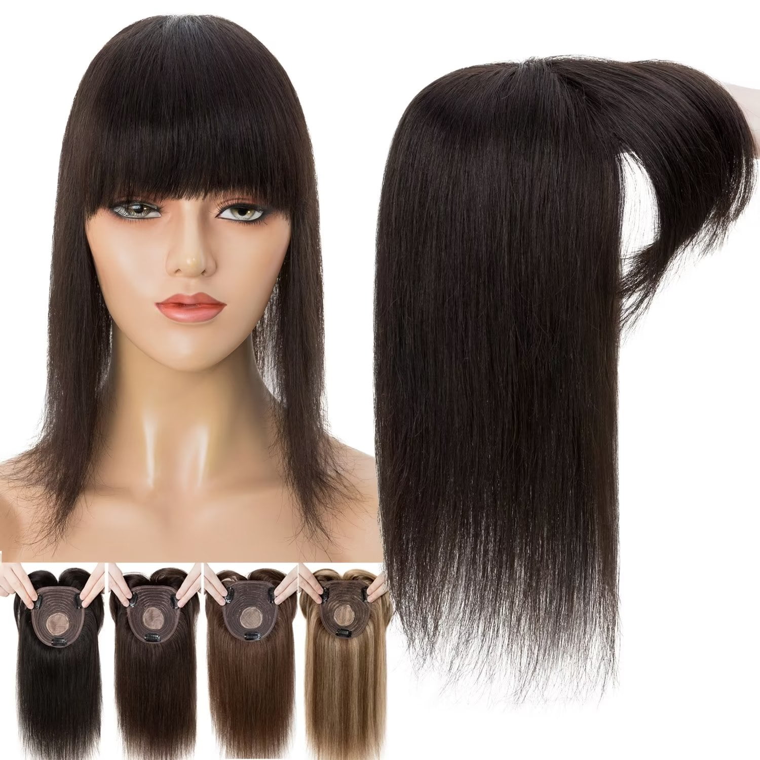 Benehair 10*12cm 100% Remy Human Hair Extensions Clip In Women's Topper Toupee Hairpiece With Bang Mono Base Wiglet Hair Loss Black US