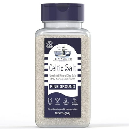 Le Marinier Celtic Salt Fine Ground, 1 lb - 16oz. Mineral Rich 100% Natural and Unrefined. Refillable Salt Shaker. Celtic Salt Organic with Vital Minerals. Hand Harvested (1 lb Fine Ground)