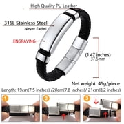 U7 Simple Leather Bracelets For Men Boys Adjustable Braided Leather Wristband ID Tag Stainless Steel Bracelet Fathers Day Gift,19cm/7.5 Inch