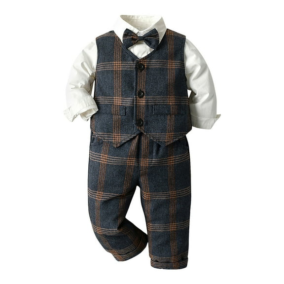 Qopobobo Boys Suits Baby Boy Suits Baby Boys Formal Suit Set Short Sleeve with Bowtie Suspender Shorts Pants Outfits Toddler Clothes Dark Blue,90