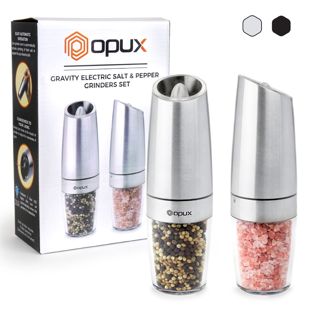 Black Automatic Pepper Salt Mills Refillable with  LED Light Battery Powered Jaxbo Gravity Electric Salt and Pepper Grinder