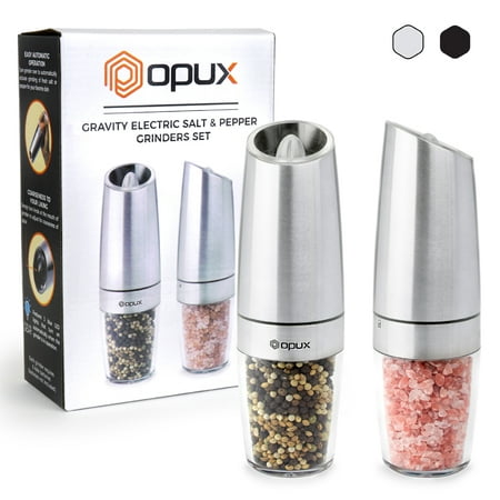 Premium Electric Gravity Style Salt And Pepper Grinder Set with Blue LED Light by OPUX | Battery Powered Shakers, Automatic Single Hand Operation, Adjustable Coarseness, Set of 2