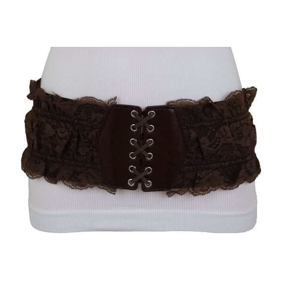Women Brown Lace Elastic Fabric Corset High Waist Hip Belt S M
