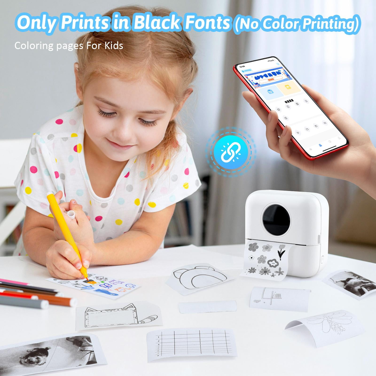 Wzmzjy Mini Portable Printer, Inkless Sticker Printer with 10 Rolls Paper, Mini Thermal