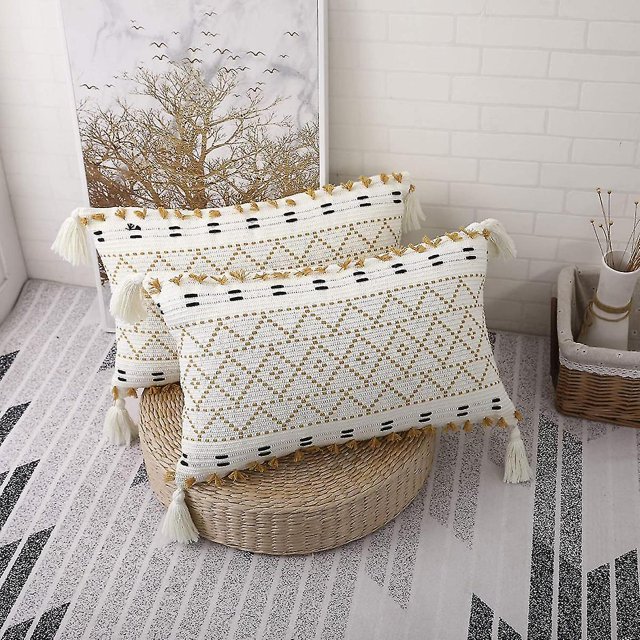 Fundas De Almohada Lumbares, Fundas De Almohada Tejidas A Mano Con Mechones Y Borlas, Para Sofá Cama, Dormitorio Y Sala De Estar (amarillo, Lumbar 12 X 20 En 2 Piezas)