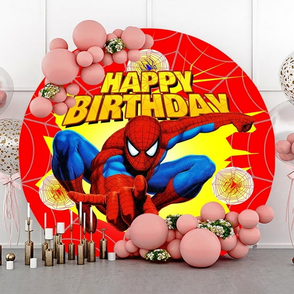 7.2ft Red and Yellow Spider Hero Cobweb Round Birthday Backdrop for Boys
