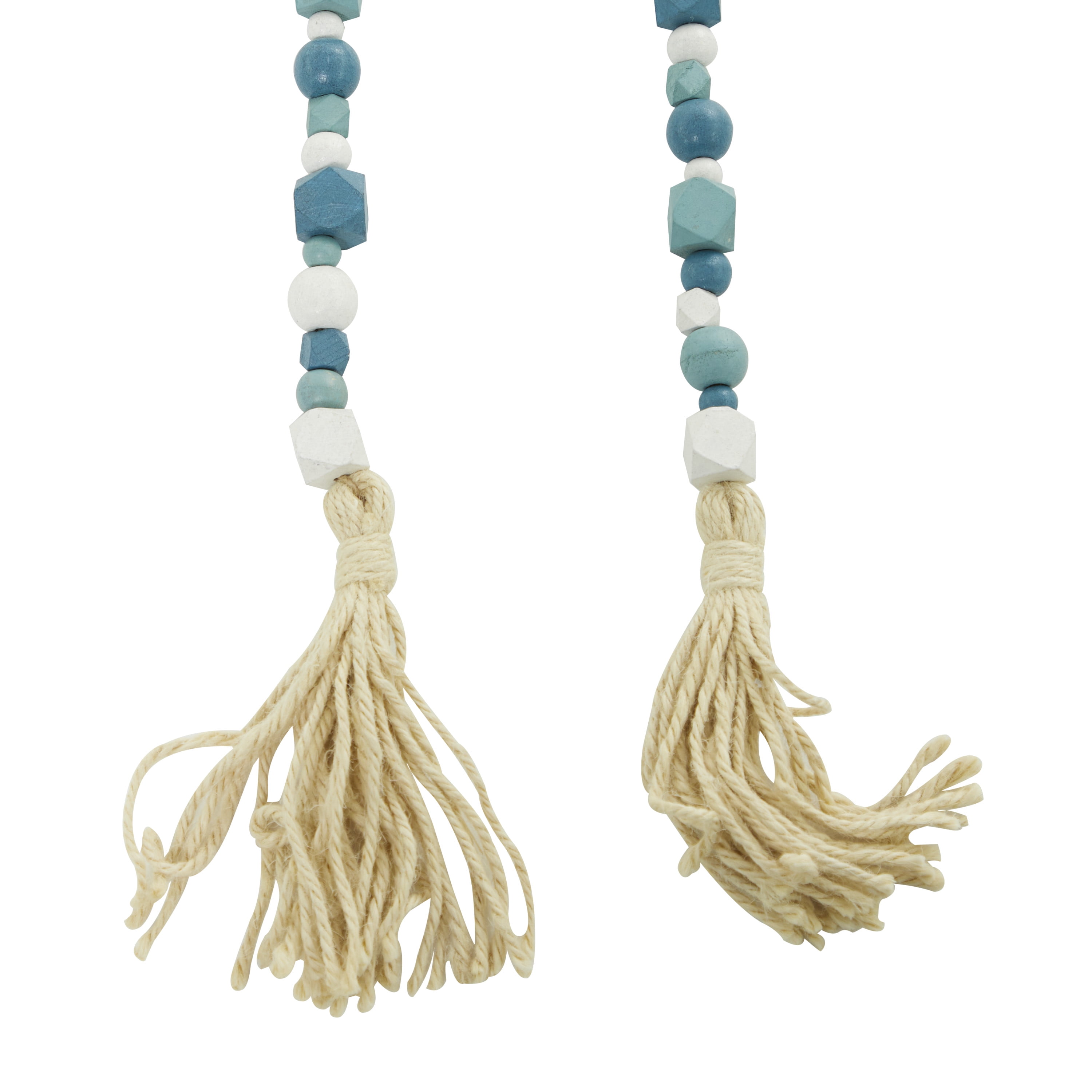 DecMode Blue Wood Bohemian Garland Décor with Geometric Bead Details and Cream Cotton Tassel, 81"L