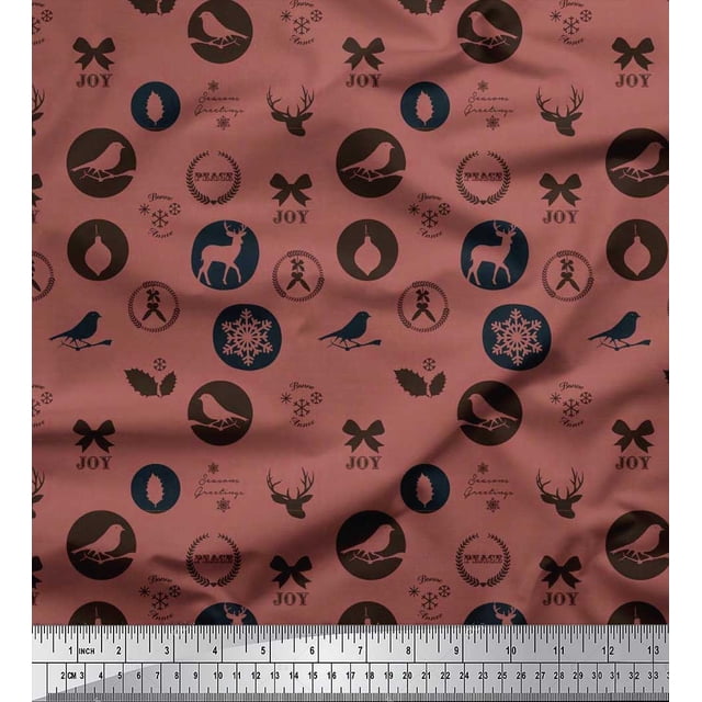 Soimoi Poly Georgette Fabric Reindeer,Bow & Bird Decor Fabric Printed Yard 52 Inch Wide