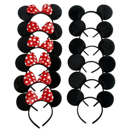 Mickey Mouse Ears, Solid Black, and Minnie Mouse Headbands, Red Polka Dots, 12 pc + FREE Temporary Body Tattoo!