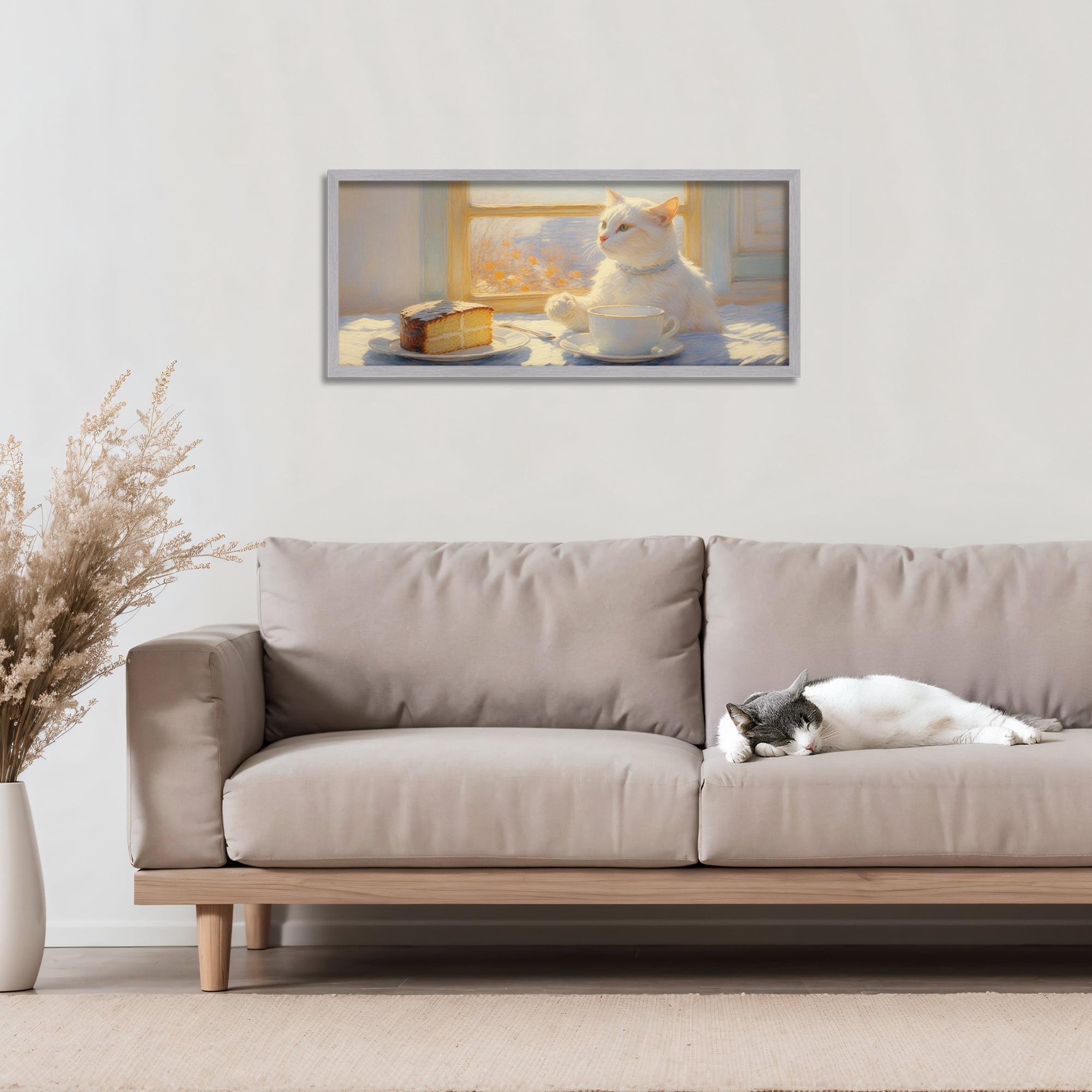 Stupell Industries Sunlit Tea Party Cat Gray Framed Giclee Art, design by Angie Hawke