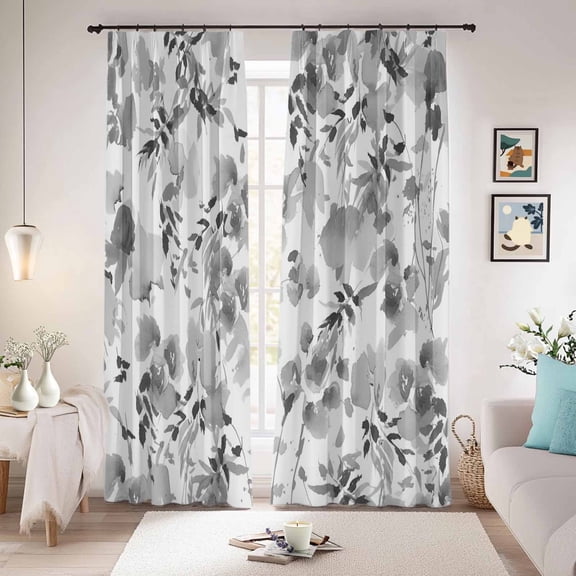 Gray Spring Floral Blackout Curtains for Bedroom/Living Room, Pinch Pleated Black Out Curtains, Watercolor Blooming Botanical Summer Room Darkening Window Drapes with Hooks 2 Panels, 39"x70"