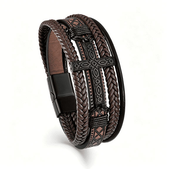 DESIGNICE Mens Cuff Cross Bracelet Multi-Layer Braided Leather Cross Bracelet for Religious Bangle Wristband Faith Christian Jewelry for Men Teen