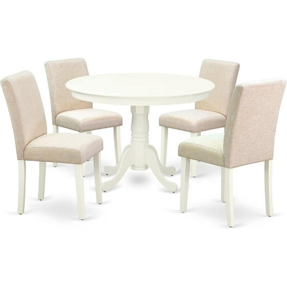 HomeStock 5 Piece Dining Room Set Includes a Round Dining Table with Pedestal and 4 Light Beige Linen Fabric Upholstered Chairs, 42x42 Inch,Linen White