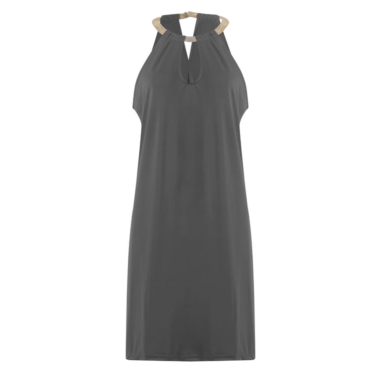 GUZYING Gray Dresses for Women Solid Color Sleeveless Comfy Holiday Dress Hollow Out Halter Neck Fit and Flare Trendy Vacation Casual Sun Dress Mini