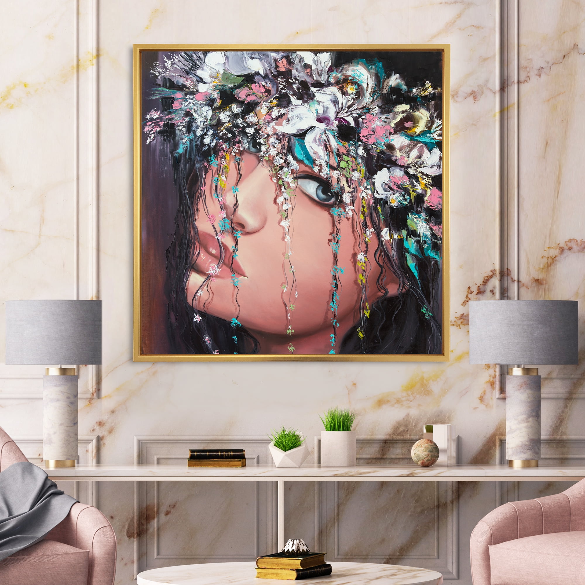 Designart 'Portrait Of A Young Woman With Flowers II' Modern Framed Canvas Wall Art Print