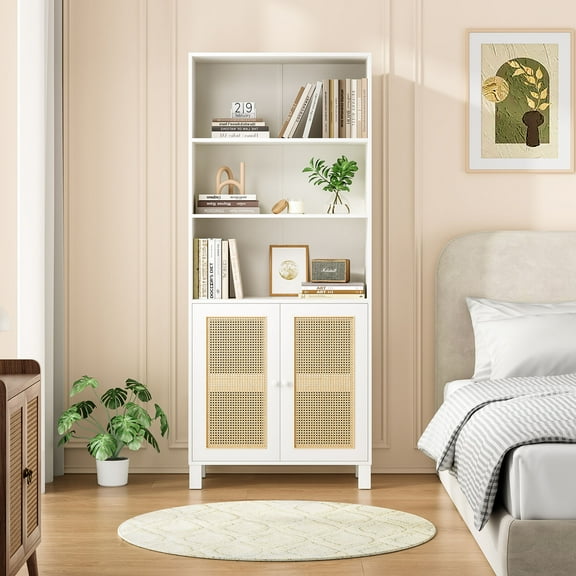CQSXDA Tall Bookcase With Rattan Doors, Natural Wood Finish, 5 Tier Storage Solution For Library And Home Office Decor