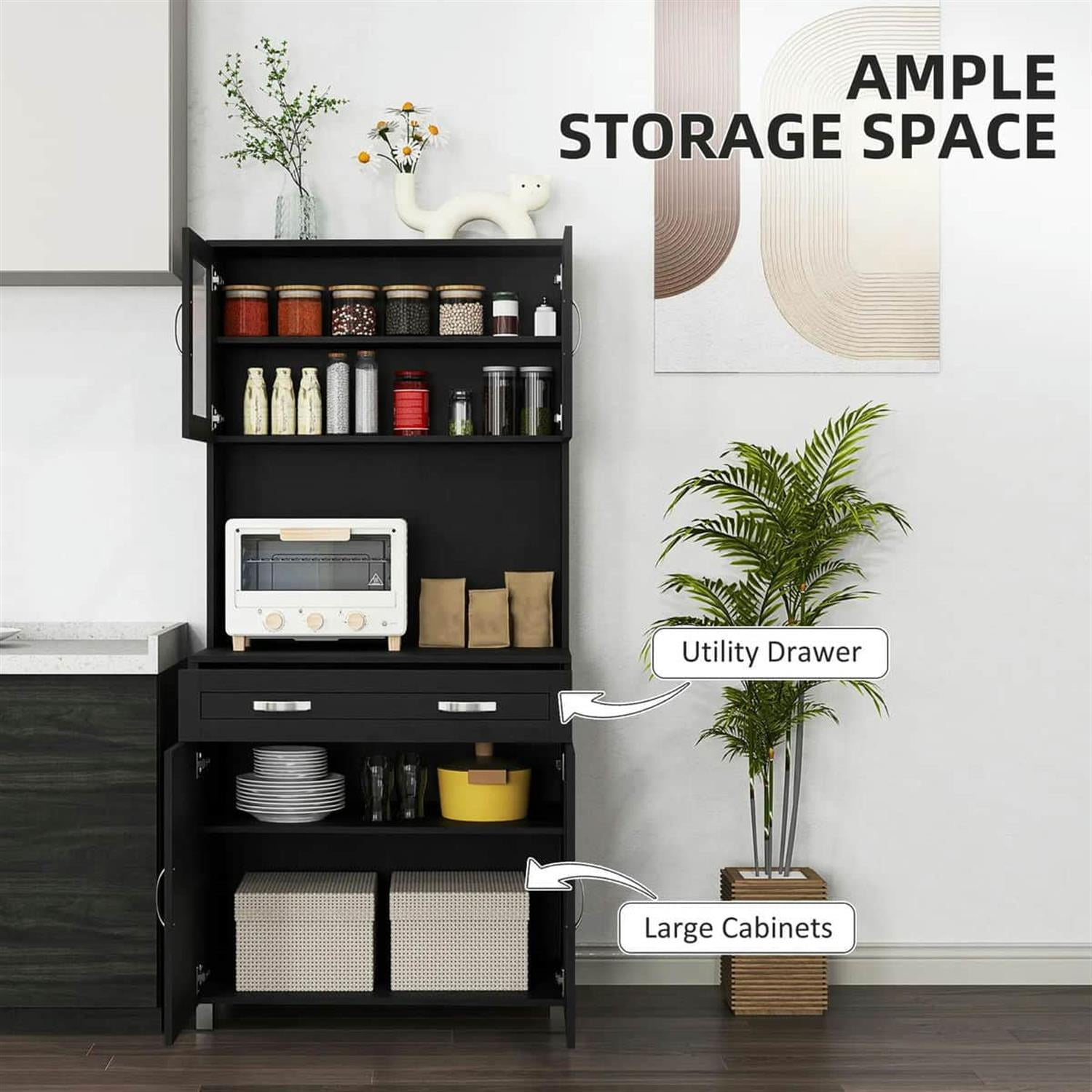 Demi Bonn 67" Buffet Hutch, Modern Kitchen Storage Cabinet, Freestanding Glass Door Pantry, Shelves & Drawers for Home Decor, Black