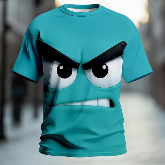 T Shirts for Man Round Neck Short Sleeve Tee Playful 3D Expression Print Top Mens Casual Shirts Blue L