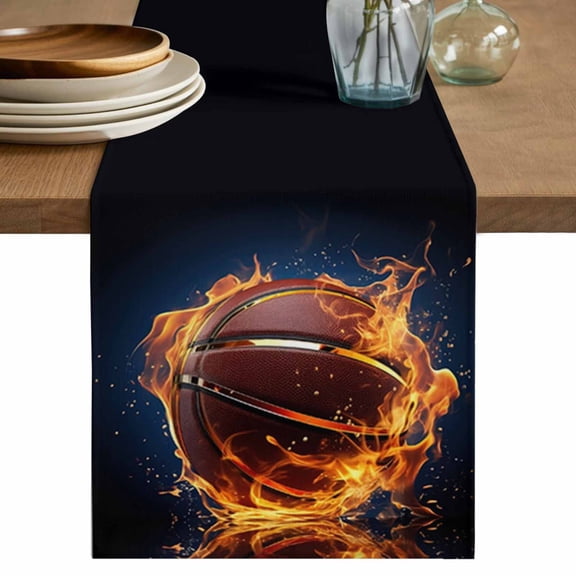 Basketball Table Runner 70 Inches Long, Sports Black Orange Cotton Linen Table Runners Dresser Scarves, Decorative Fabric Tabletop Scarf Furniture Cover for Home Dinner Party 13"x70"