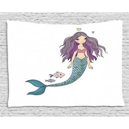 Fantasy Tapestry Cartoon Mermaid Princess With Wavy Hair Crown