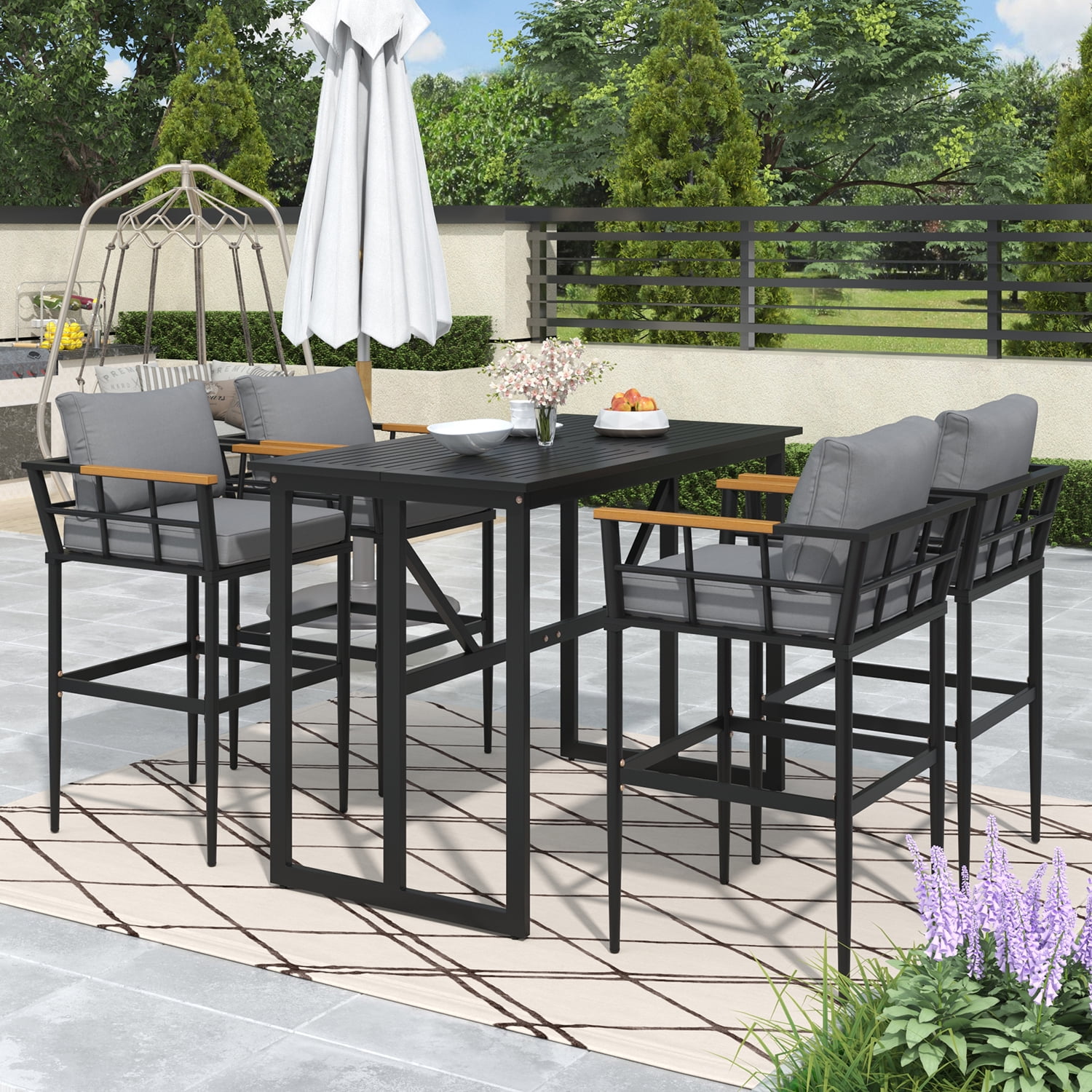 Kadyn 5-Piece Steel Outdoor Dining Set, Patio Dining Set for Balcony Or Backyard with Acacia Wood Armrest Suitable, Black