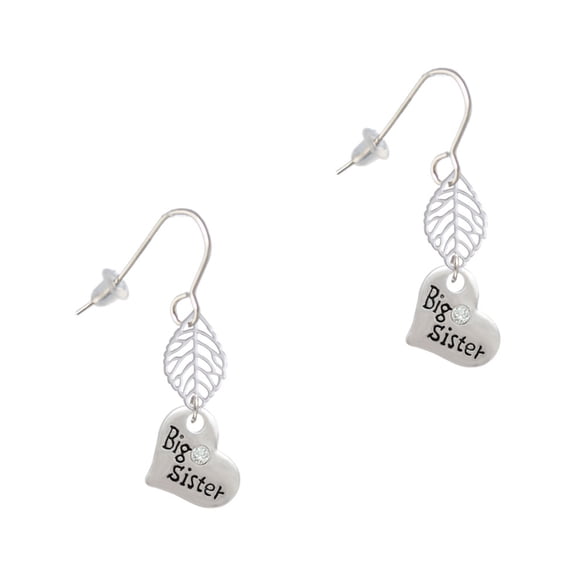Delight Jewelry Silvertone Small ''Big Sister'' Heart with Clear Crystal Silvertone Leaf French Earrings