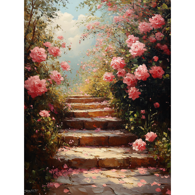 Qisvanset 12x16 Inch Rose Garden Path Oil Painting Canvas Wall Art, Lush Blossom Nature Scenery Peaceful Home Decor