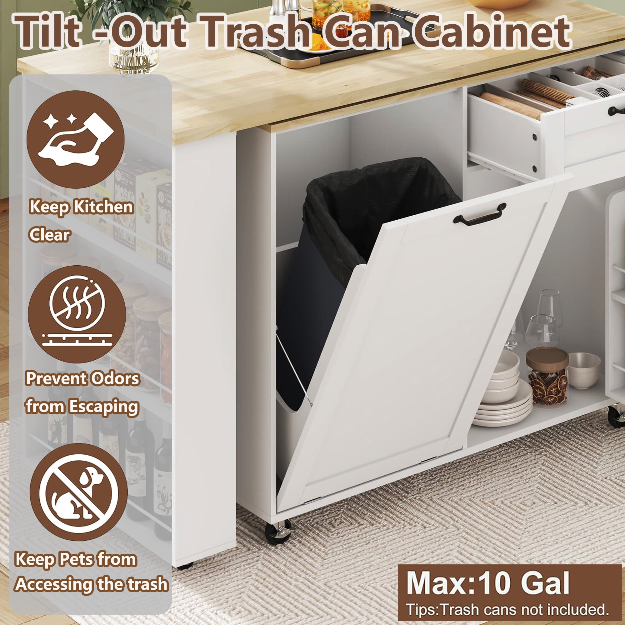 Rolling Kitchen Island with 360° Rotating Extendable Dining Table, 72" Large Island Table with Power Outlet & 7-Tier Spice Racks & Trash Can Storage, Cord Management Hooks