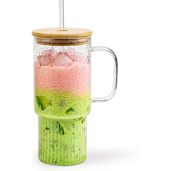 32oz Ribbed Glass Cup with Handle Lid and Straw, Borosilicate Tumblers, Iced Coffee Cups Modern Mug Hot/Cold Drinks for Smoothies, Tea, Juice (clear-1 Pack-Bamboo Lid)