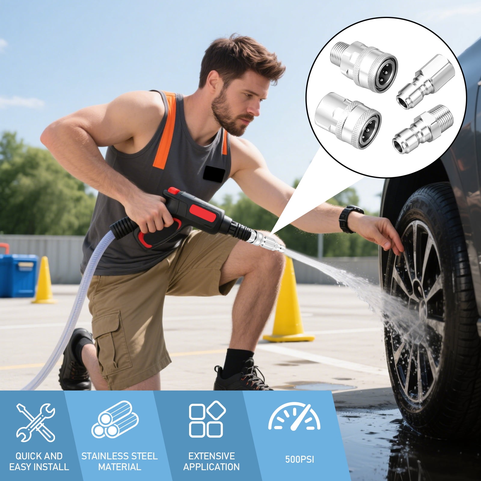 8 Pcs Pressure Washer Quick Connect Kit, 3/8 Inch NPT Stainless Steel Adapter Set, 5000 PSI High Pressure Fittings with Male/Female Threaded Plugs & Sockets, Leak-Free Design for Hose & Pump